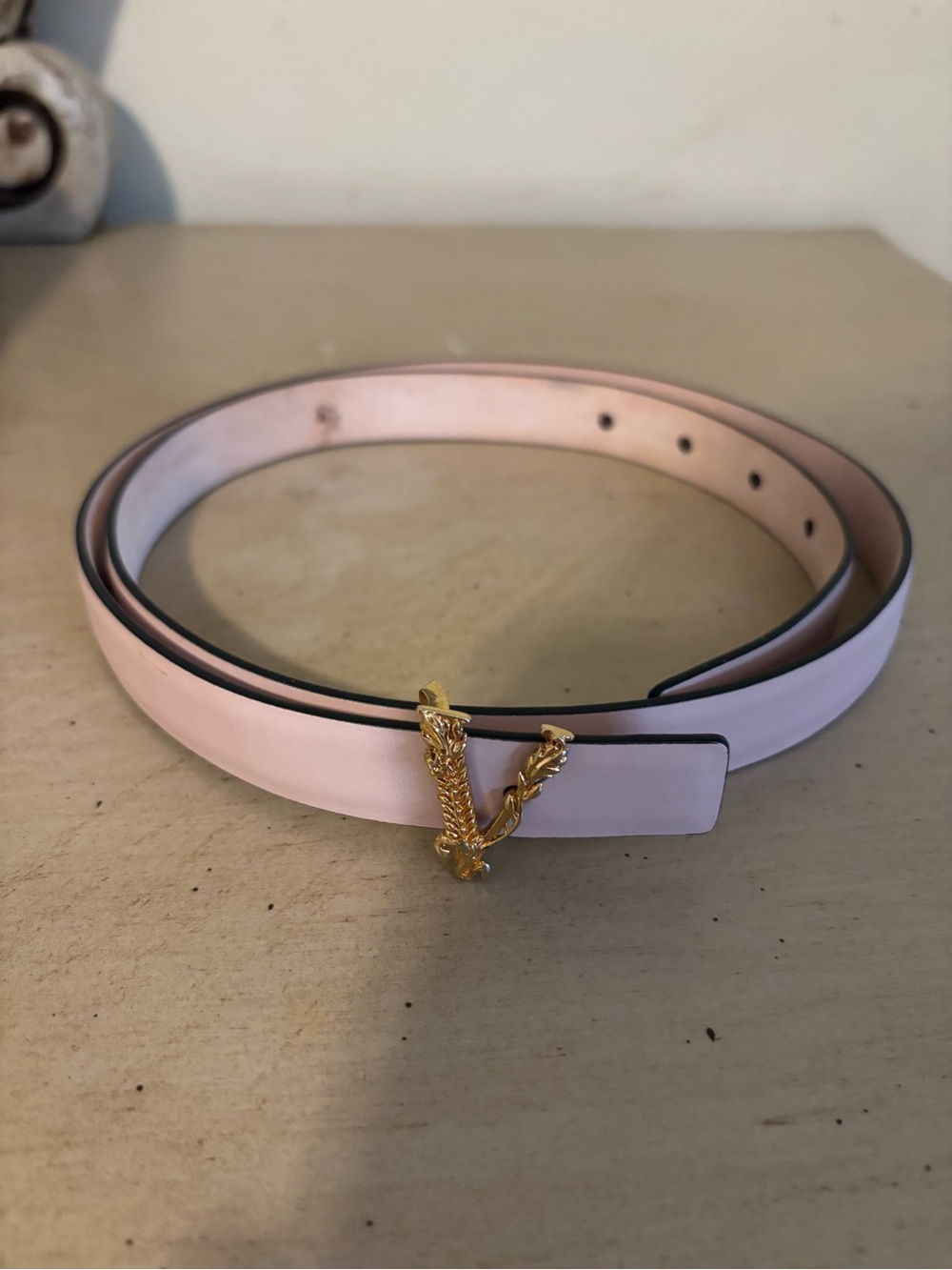 Valentino Pale Pink Leather Belt with Gold V-Chain Buckle